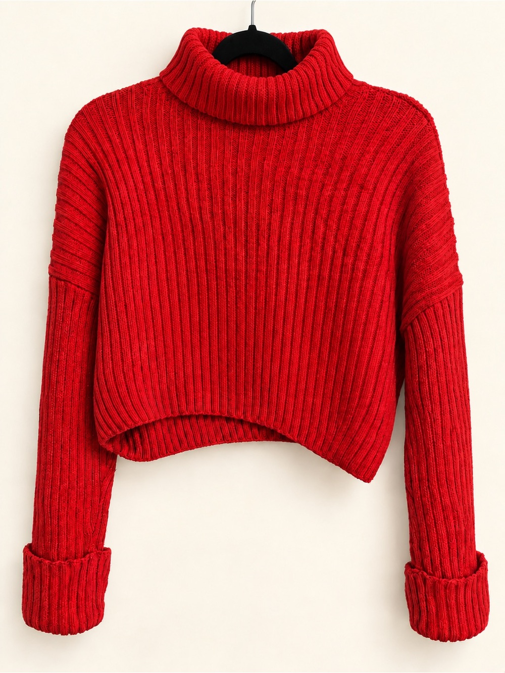 Zara Red Chunky Ribbed Cropped Turtleneck Sweater Medium